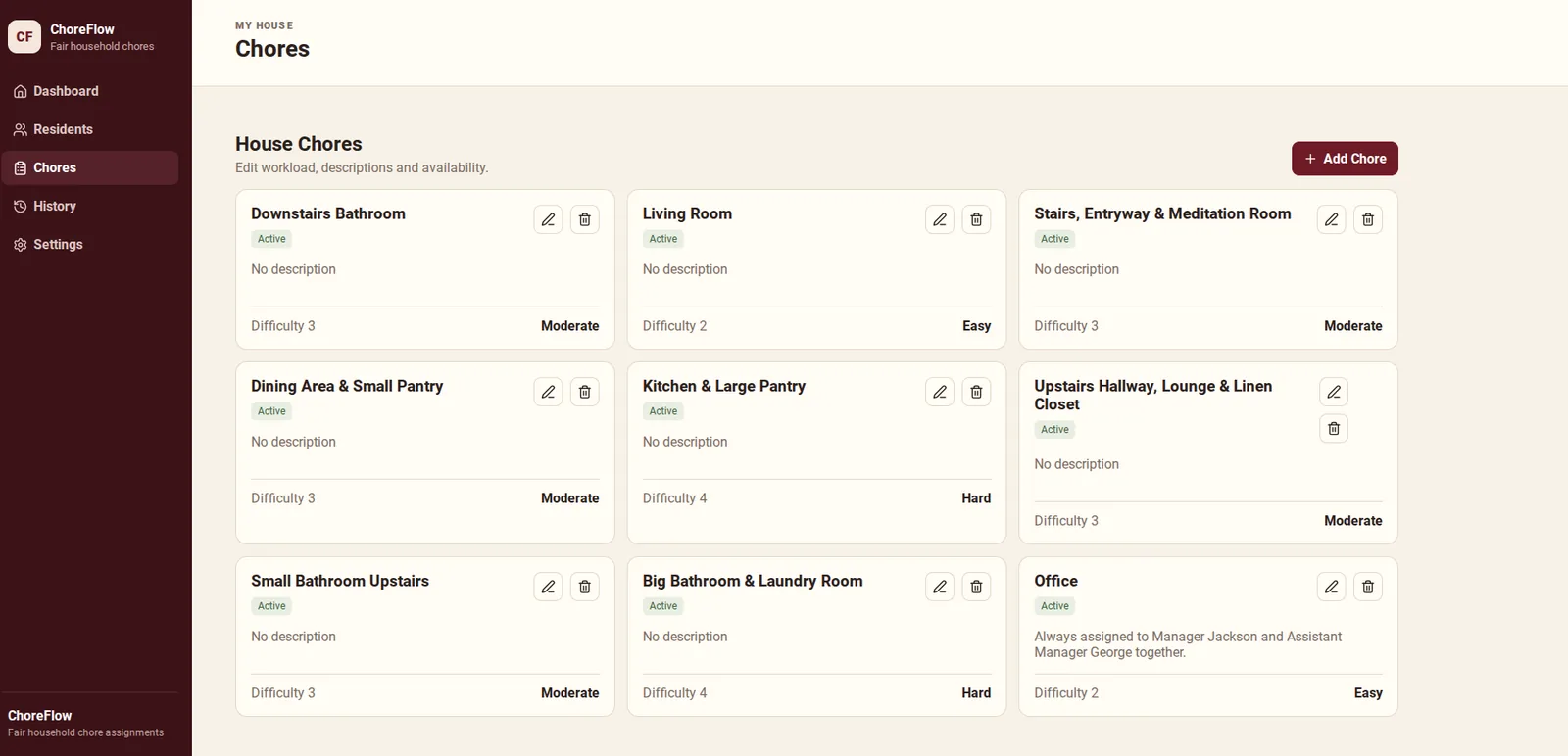 ChoreFlow: House chores, desktop view