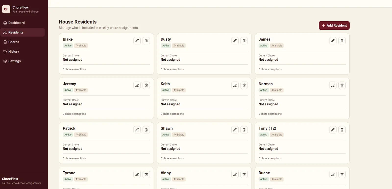 ChoreFlow: Residents, desktop view