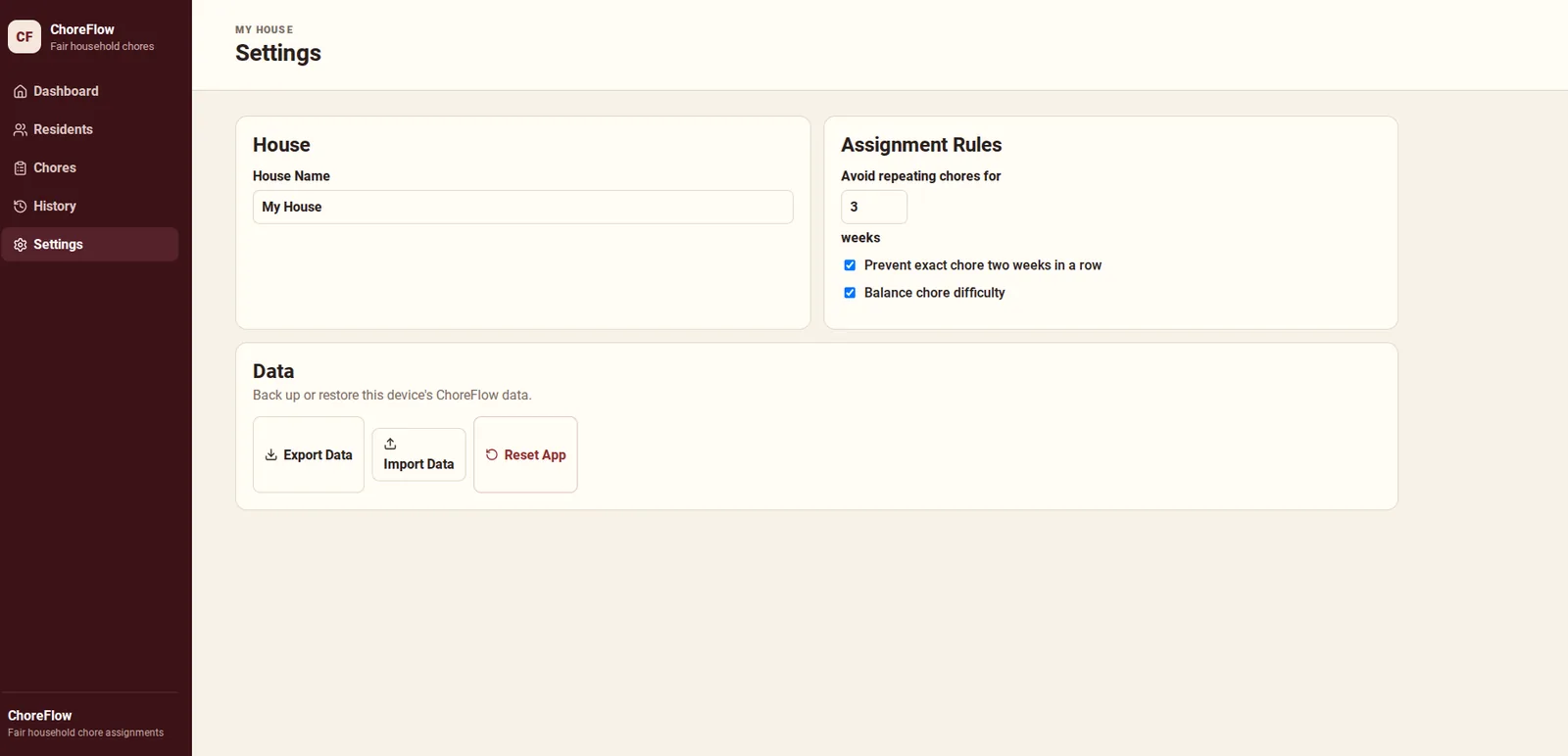 ChoreFlow: Settings and assignment rules, desktop view