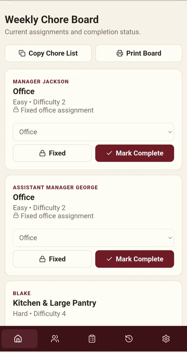 ChoreFlow: Weekly chore board, mobile view