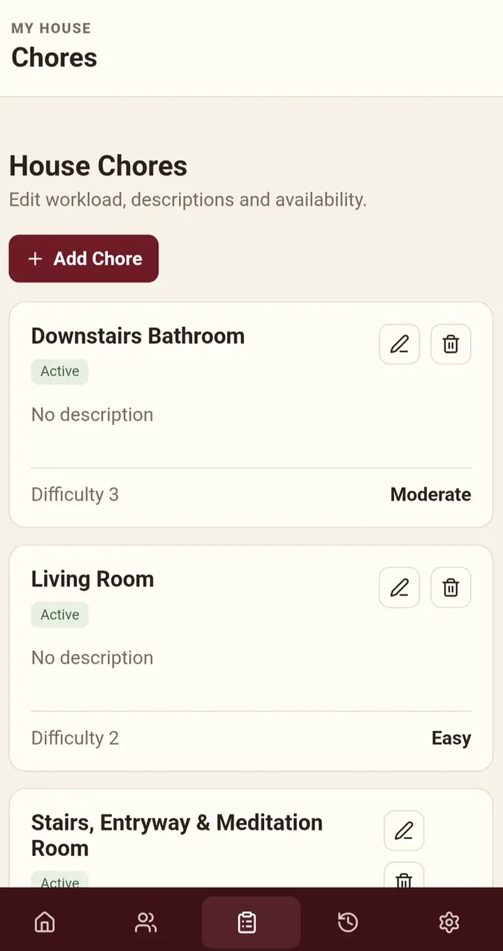 ChoreFlow: House chores, mobile view