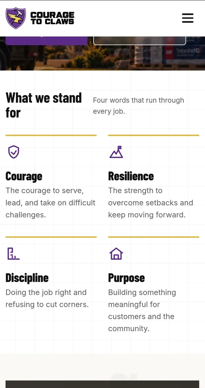 Courage To Claws: What we stand for, mobile view