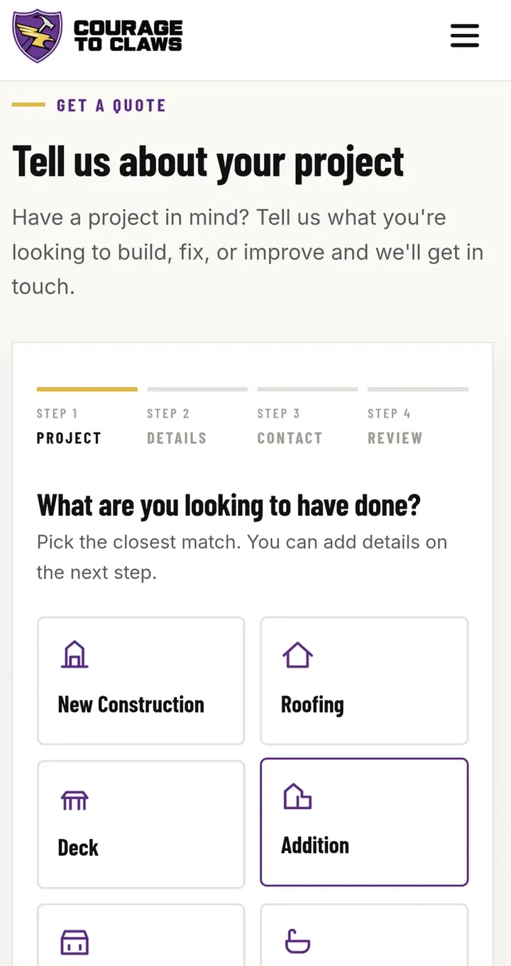 Courage To Claws: Quote request form, mobile view