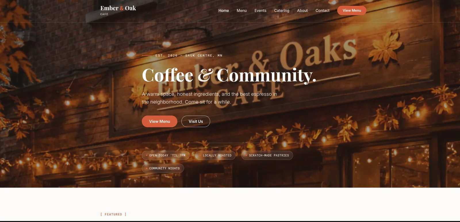 Ember & Oak Cafe: Homepage hero, desktop view