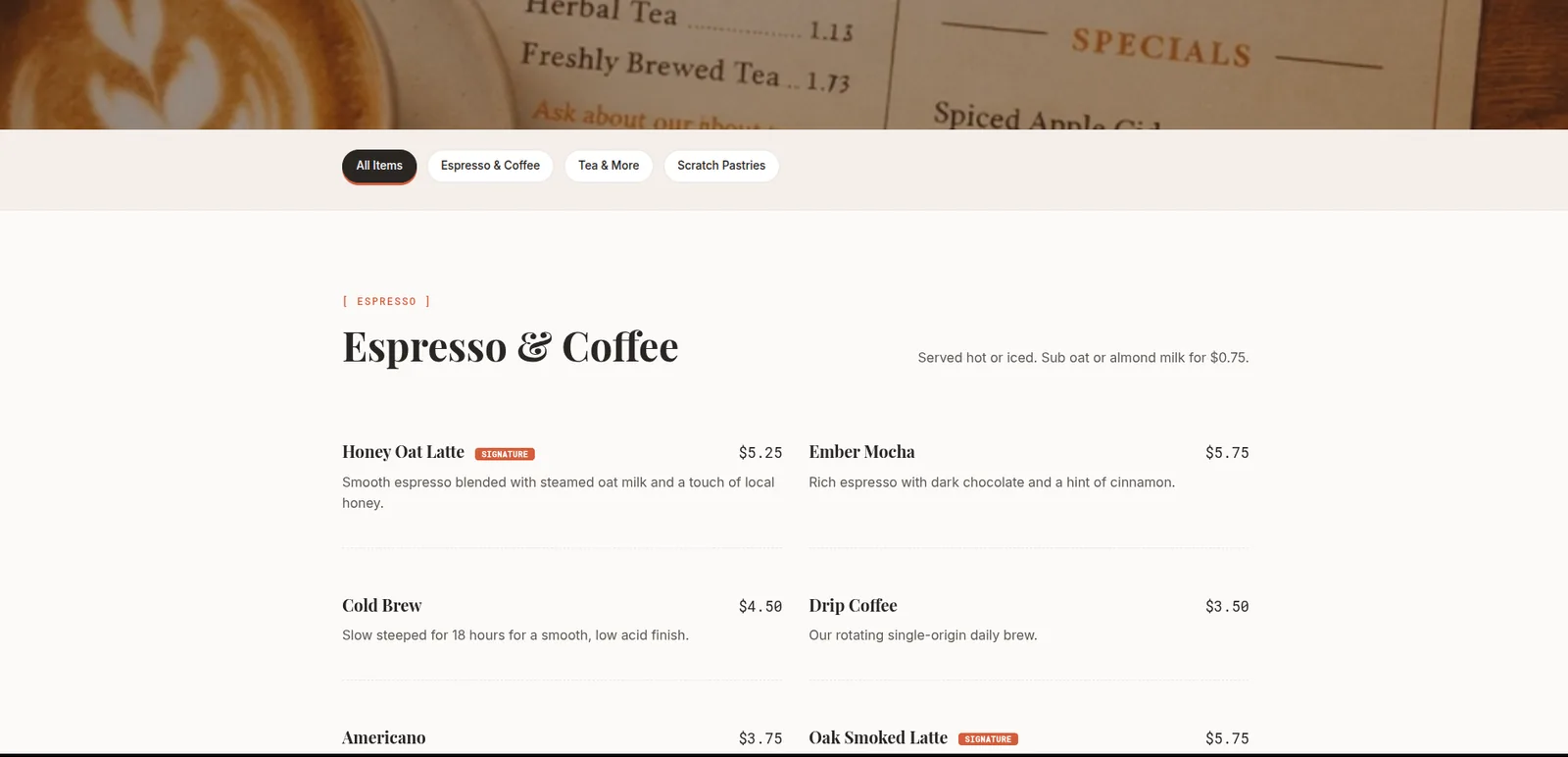 Ember & Oak Cafe: Menu, desktop view