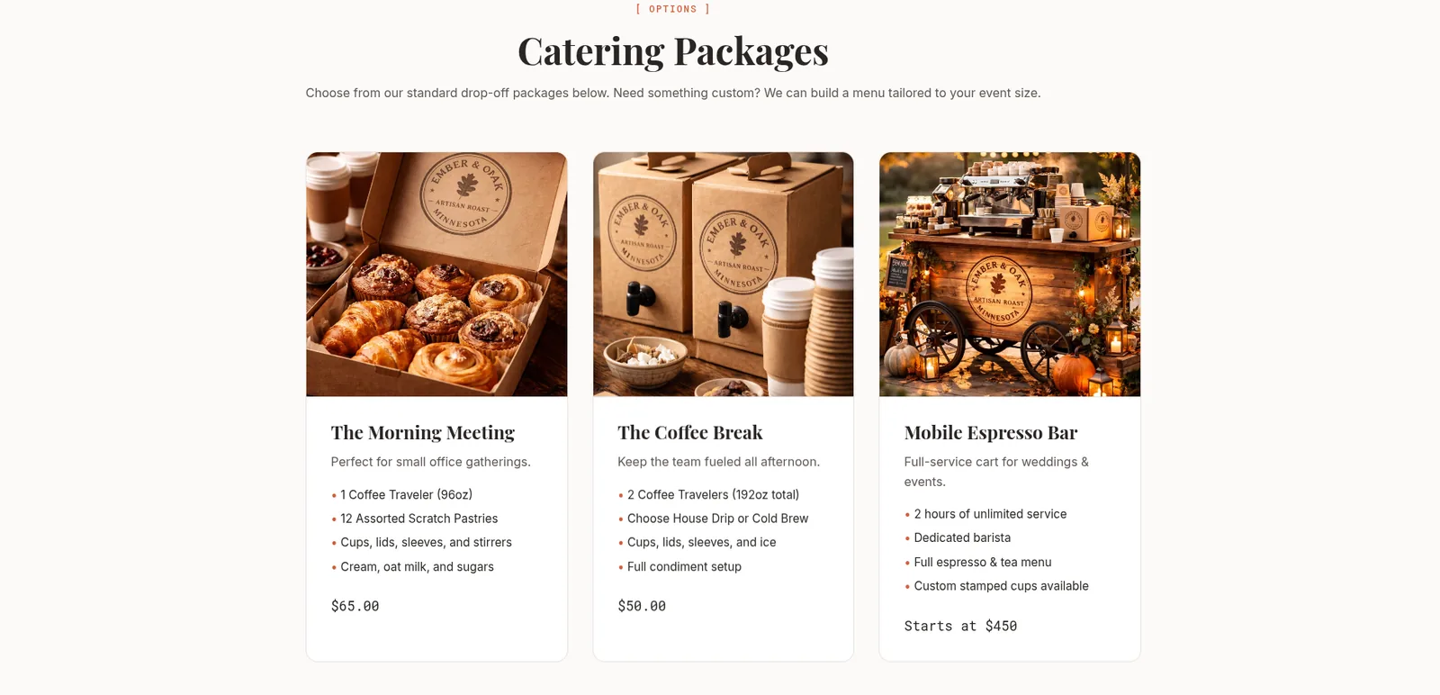 Ember & Oak Cafe: Catering packages, desktop view