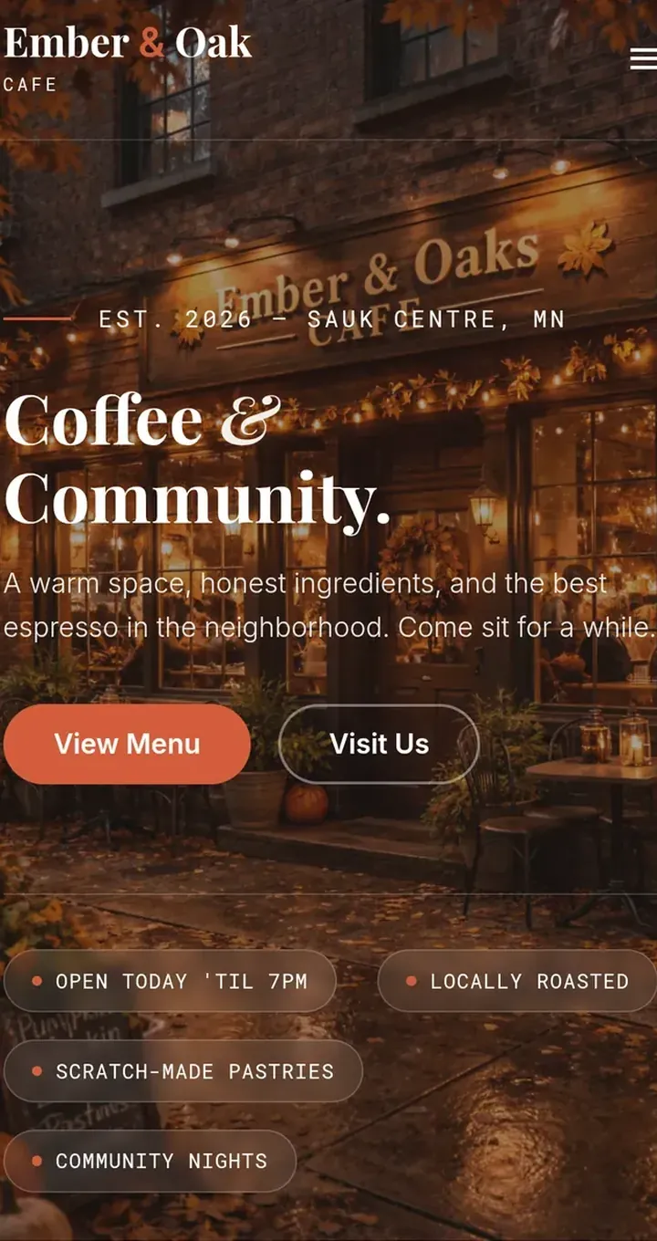 Ember & Oak Cafe: Homepage, mobile view
