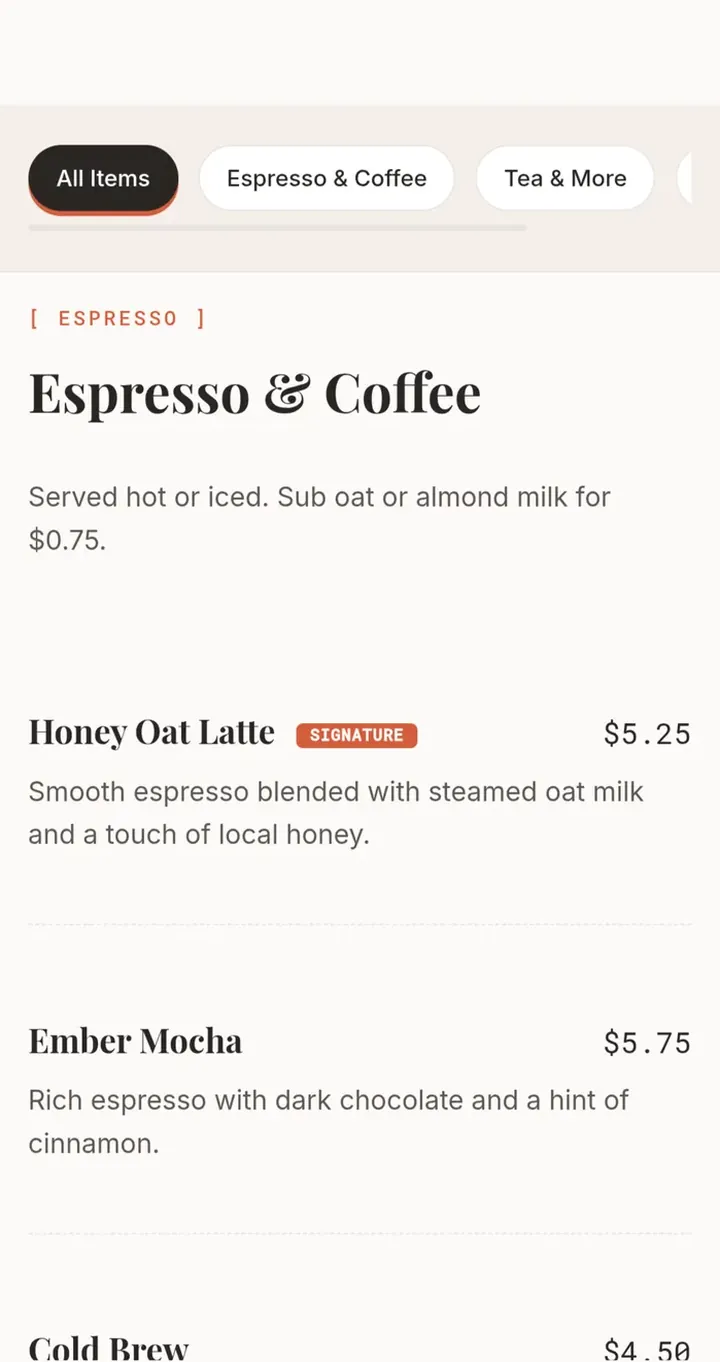 Ember & Oak Cafe: Menu, mobile view