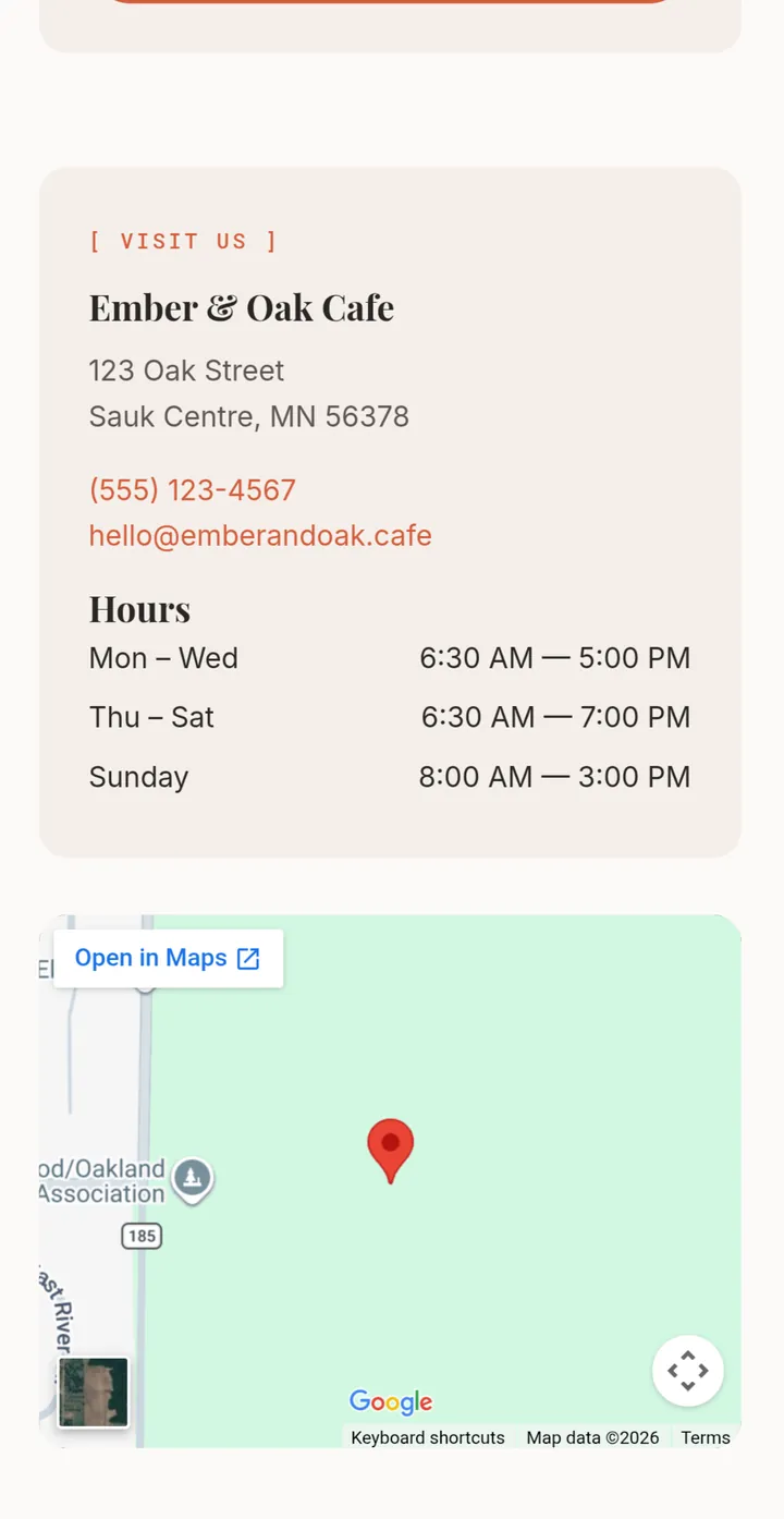 Ember & Oak Cafe: Visit page with map, mobile view