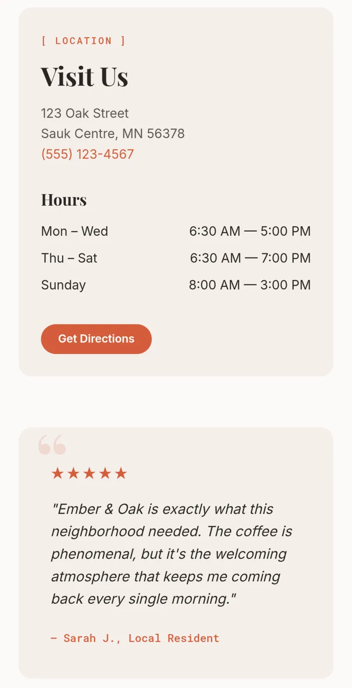 Ember & Oak Cafe: Location, hours, and a review, mobile view
