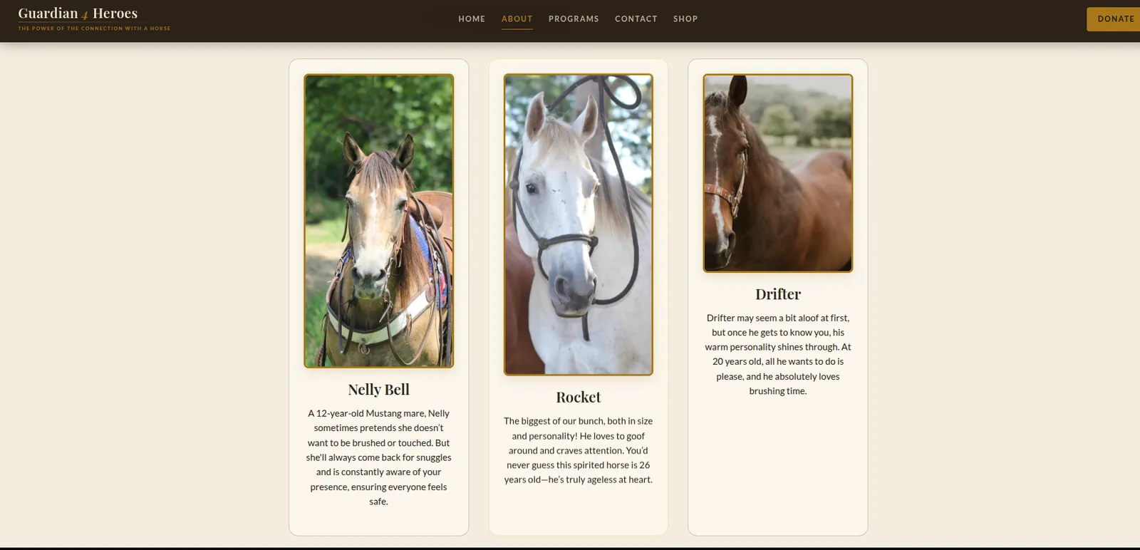Guardian 4 Heroes: About: meet the horses, desktop view