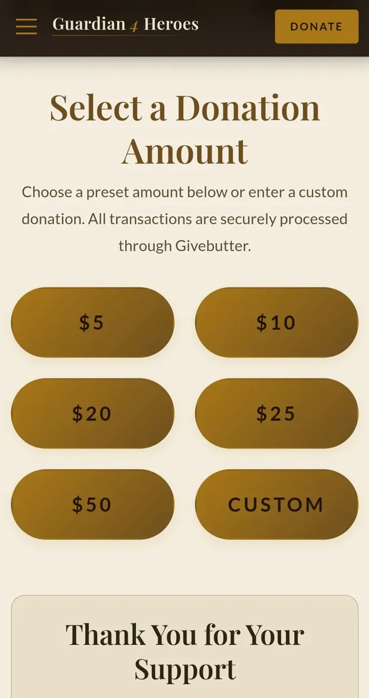 Guardian 4 Heroes: Donation amounts, mobile view
