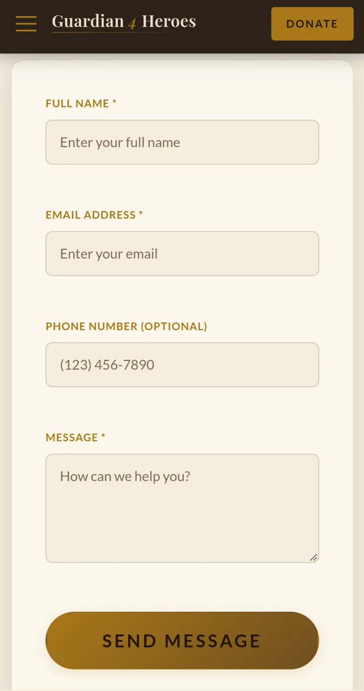Guardian 4 Heroes: Contact form, mobile view