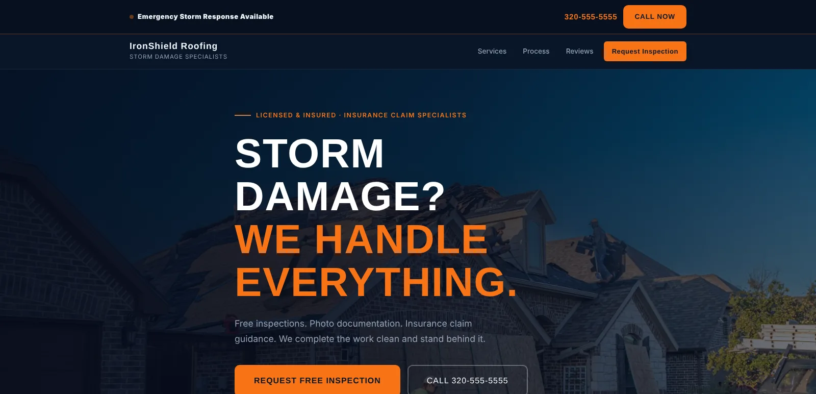 IronShield Roofing: Homepage hero, desktop view