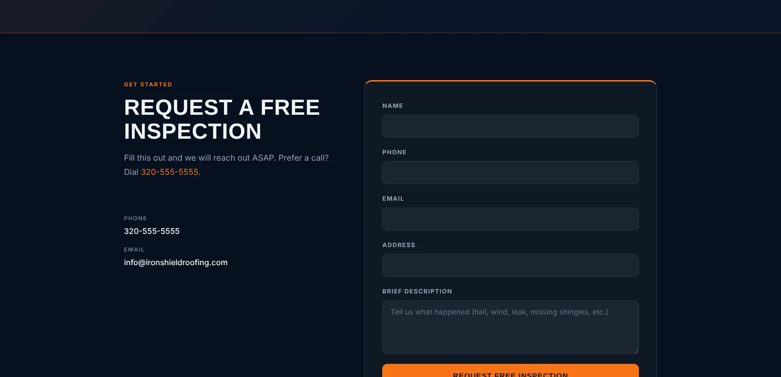 IronShield Roofing: Free inspection request, desktop view