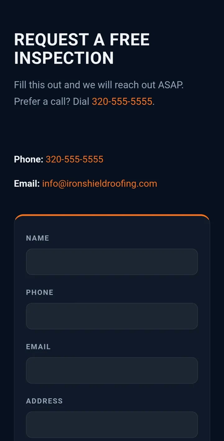 IronShield Roofing: Contact section, mobile view
