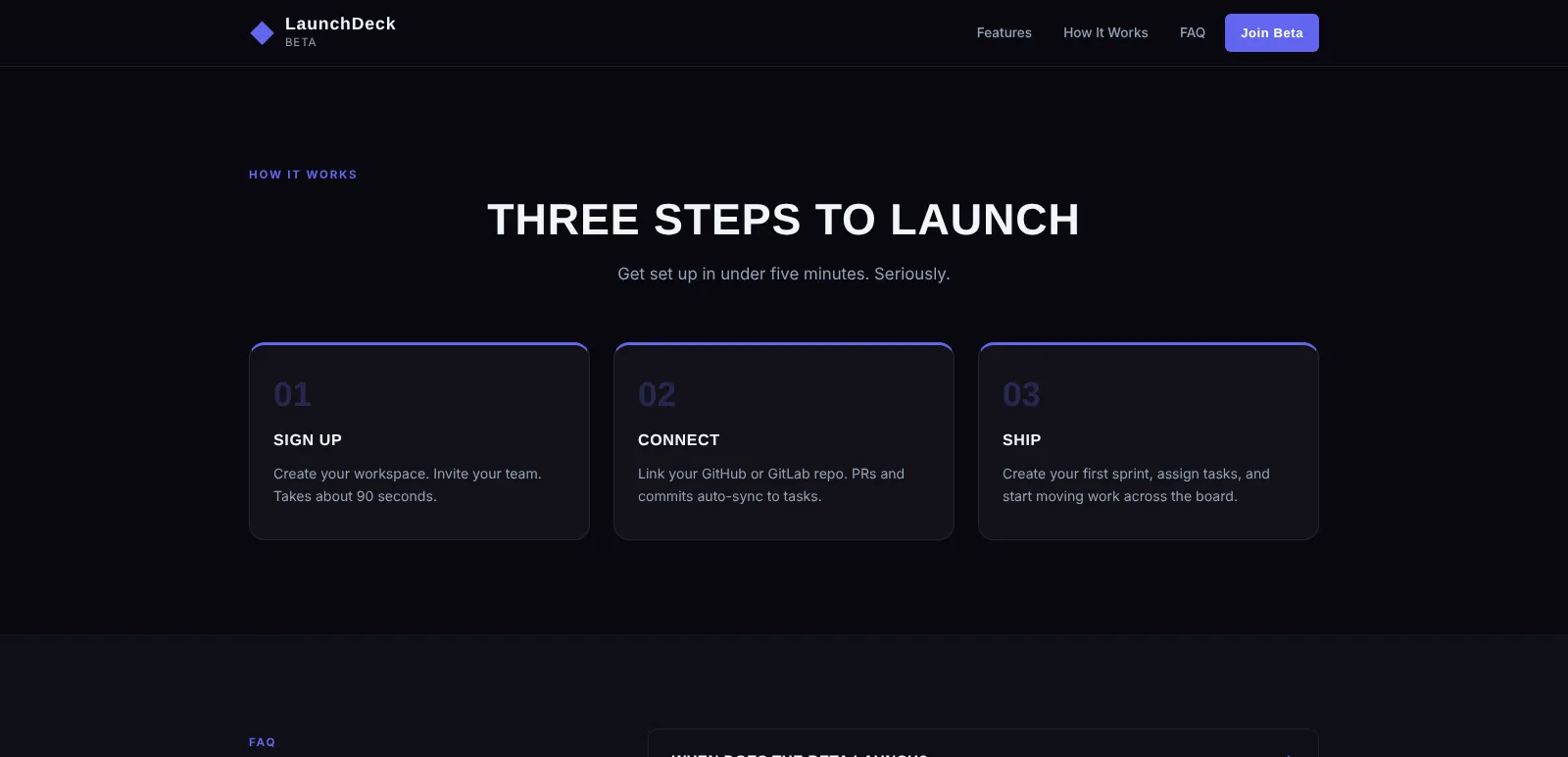 LaunchDeck: Three steps to launch, desktop view