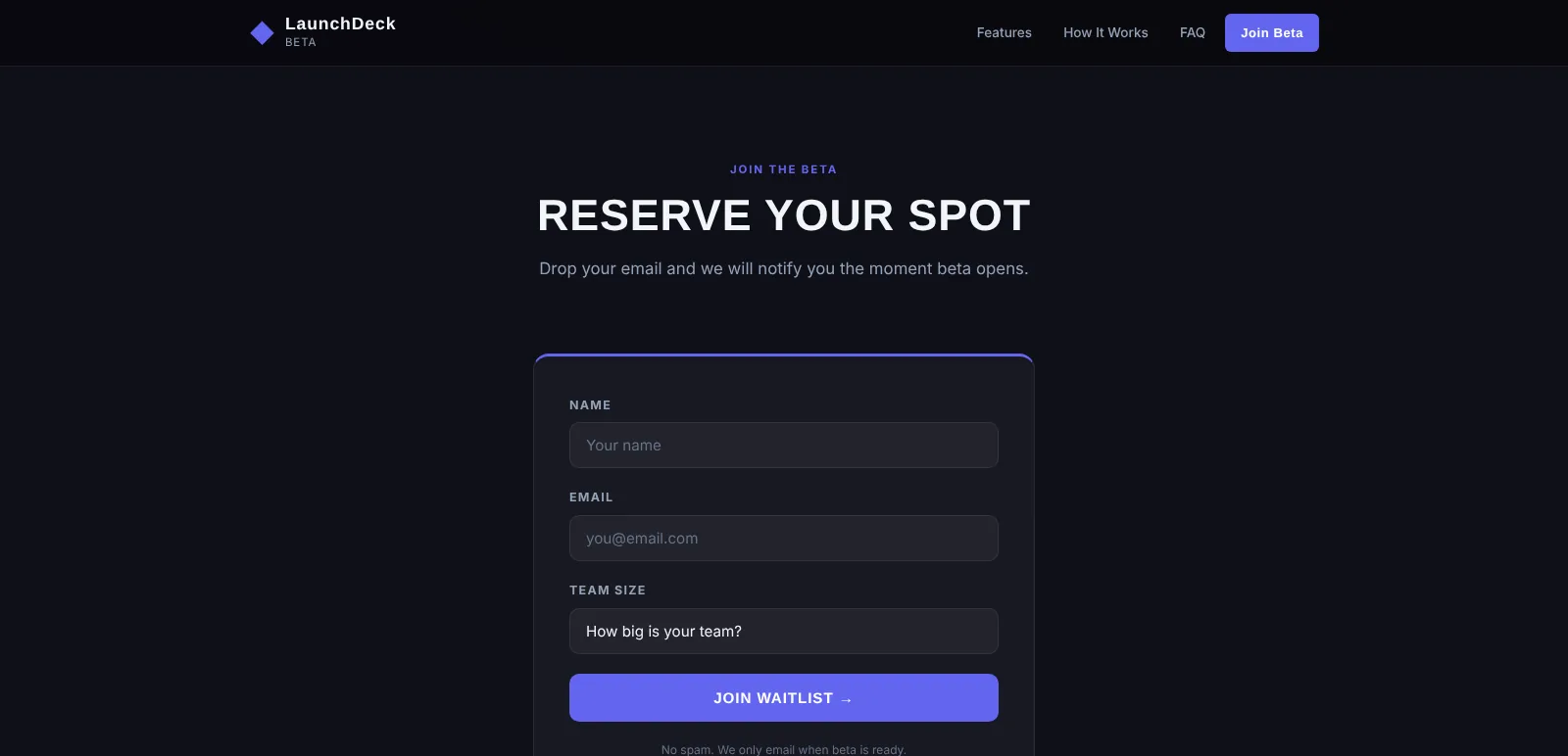 LaunchDeck: Waitlist sign-up, desktop view