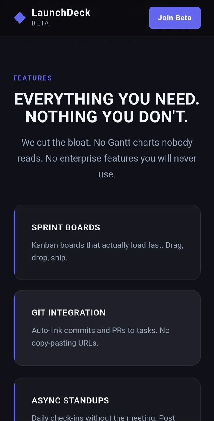 LaunchDeck: Features section, mobile view