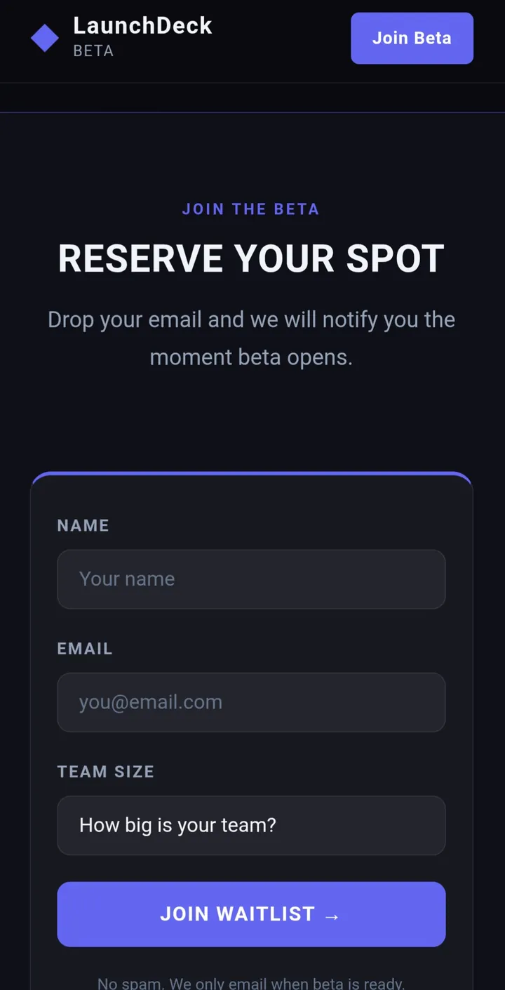 LaunchDeck: Waitlist sign-up, mobile view