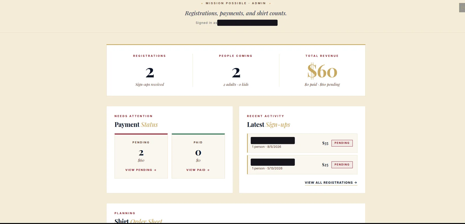 Mission Possible Hooves & Paws: Admin dashboard, names redacted, desktop view