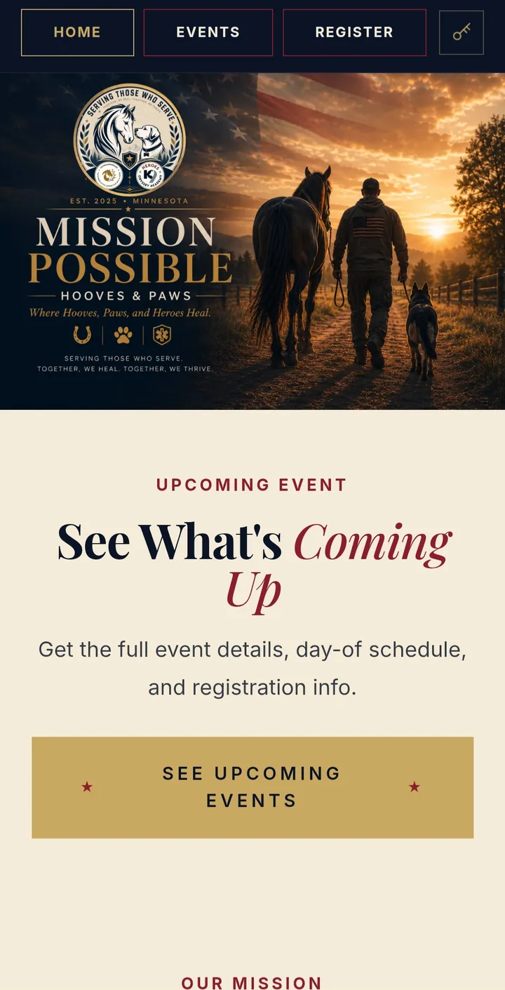 Mission Possible Hooves & Paws: Homepage, mobile view