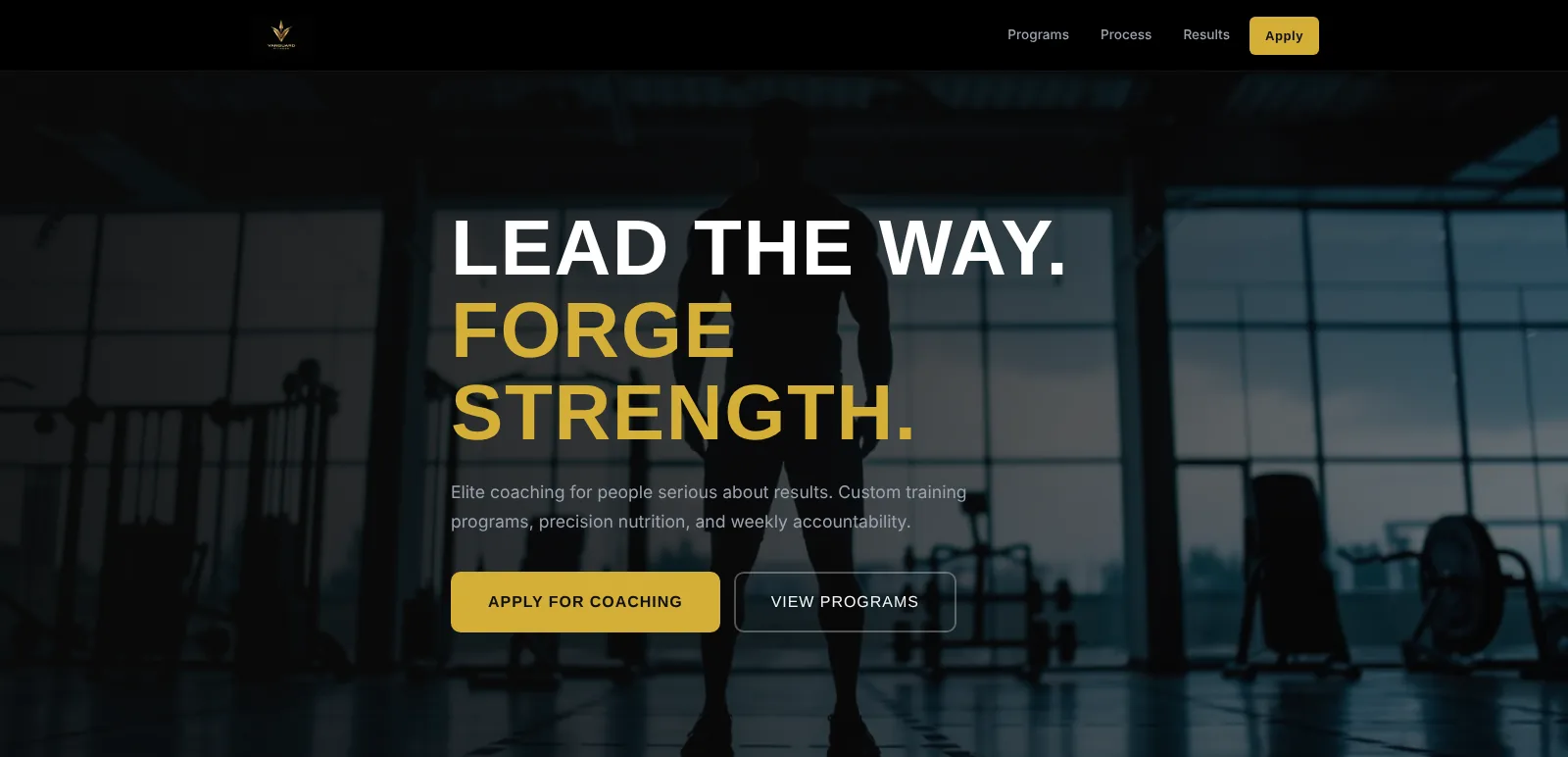 Vanguard Fitness: Homepage hero, desktop view