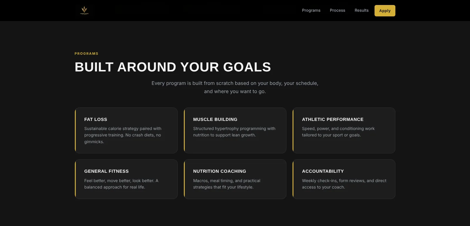 Vanguard Fitness: Programs, desktop view