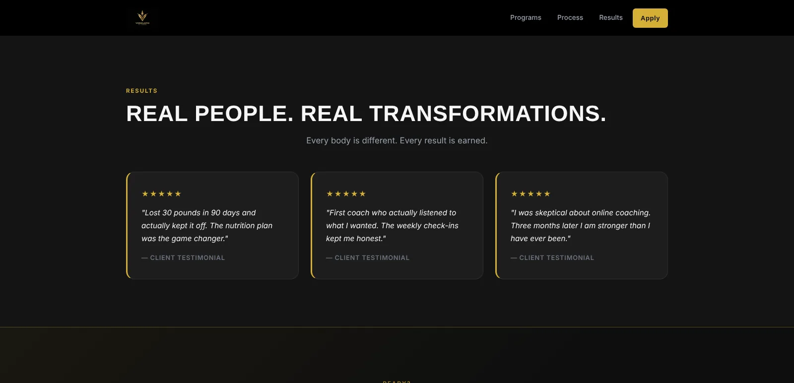 Vanguard Fitness: Client results, desktop view