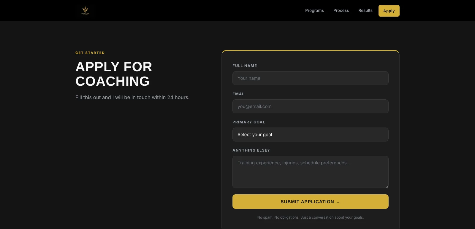 Vanguard Fitness: Coaching application, desktop view