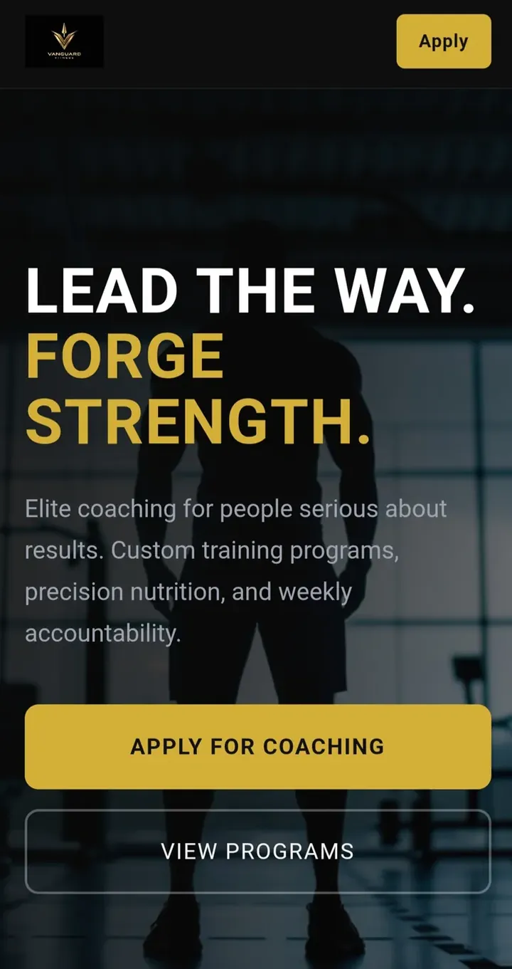 Vanguard Fitness: Homepage, mobile view