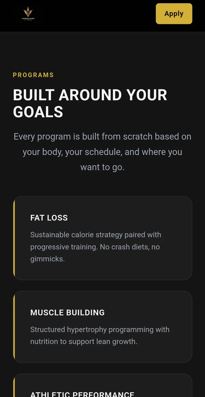 Vanguard Fitness: Program section, mobile view