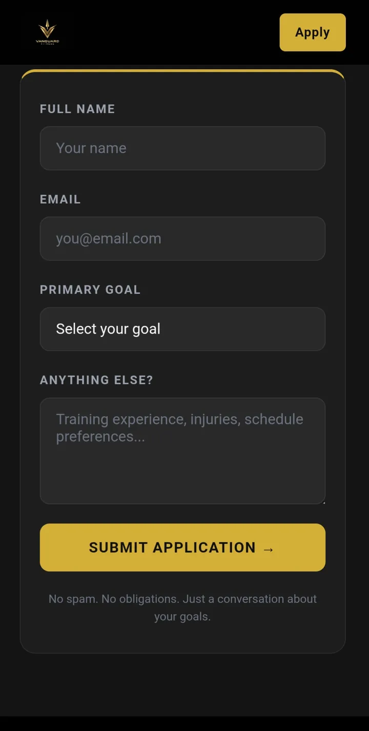 Vanguard Fitness: Call to action, mobile view